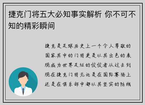 捷克门将五大必知事实解析 你不可不知的精彩瞬间
