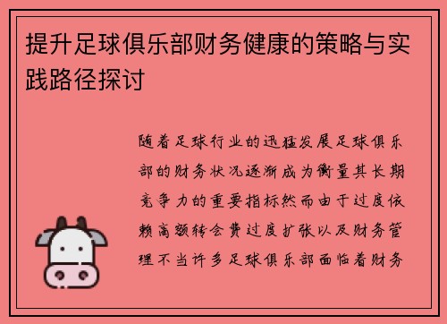 提升足球俱乐部财务健康的策略与实践路径探讨