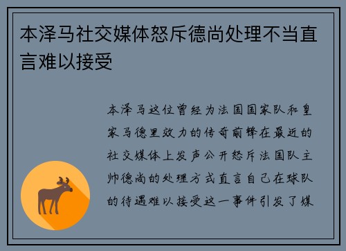 本泽马社交媒体怒斥德尚处理不当直言难以接受 本泽马社交媒体怒斥德尚处理不当直言难以接受