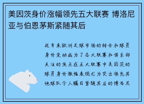 美因茨身价涨幅领先五大联赛 博洛尼亚与伯恩茅斯紧随其后 美因茨身价涨幅领先五大联赛 博洛尼亚与伯恩茅斯紧随其后